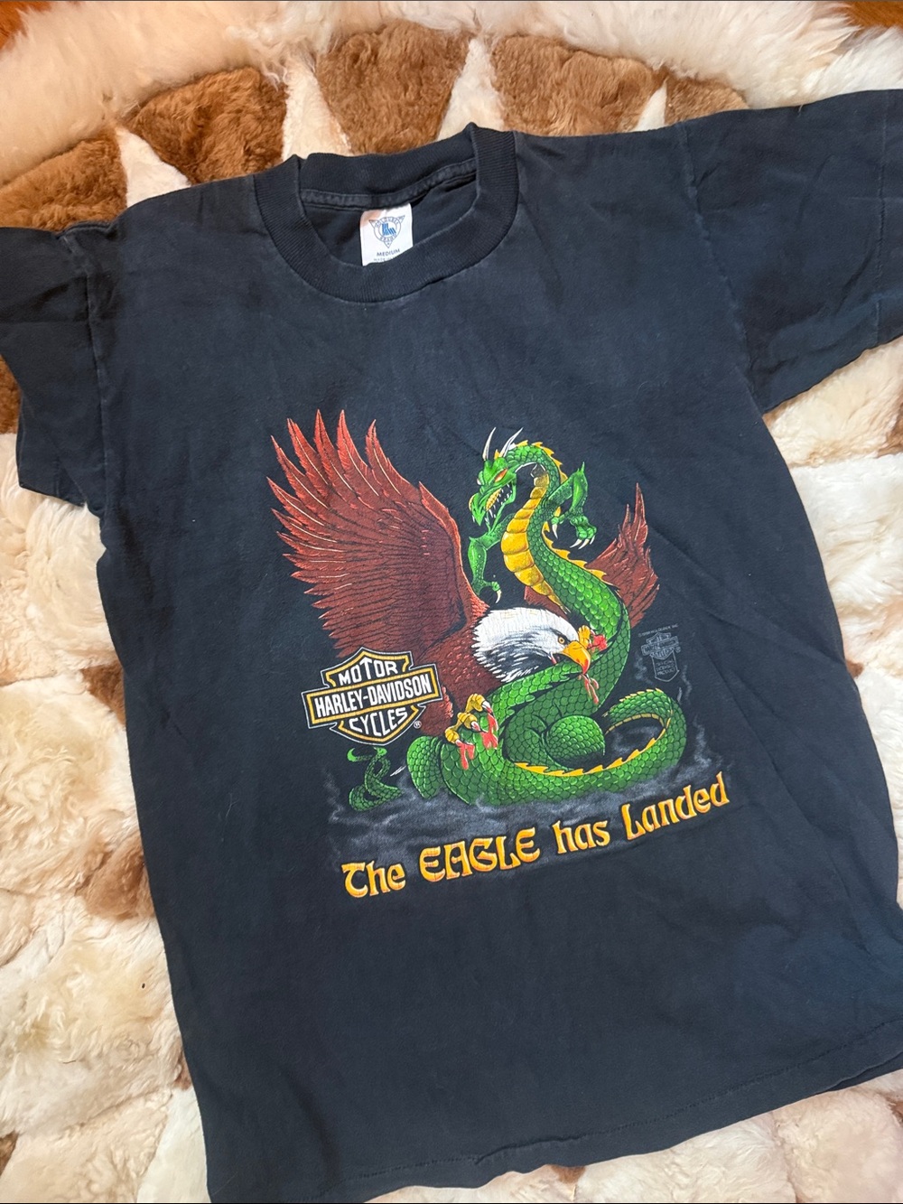 Vintage Harley-Davidson Black Tee with Green Dragon and Red Eagle Graphic